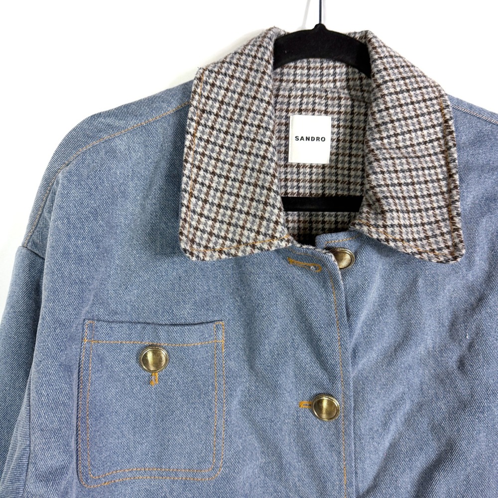 Sandro Jacket Denim Blue Houndstooth Contrast Collar Button Front Sz 42 / 10 US - Picture 7 of 13